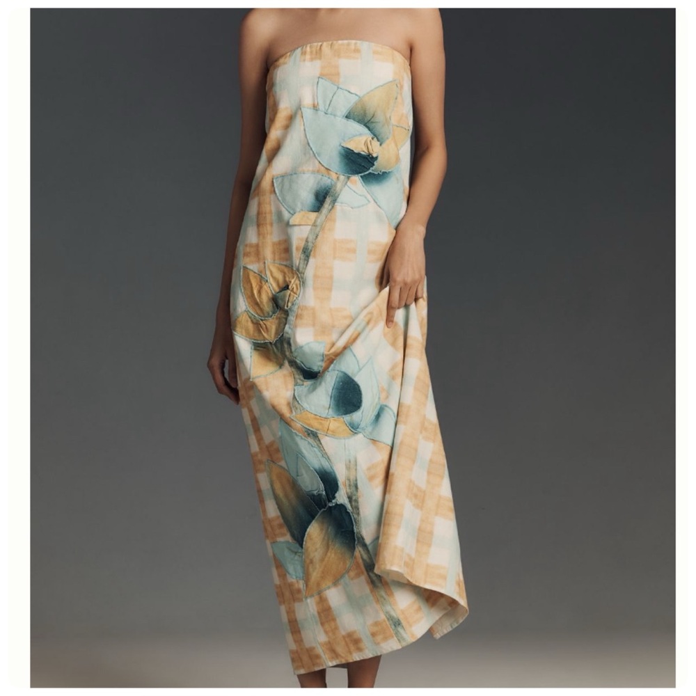 NWT  Anthropologie Strapless Cotton Linen 3D Flowers Dress, S